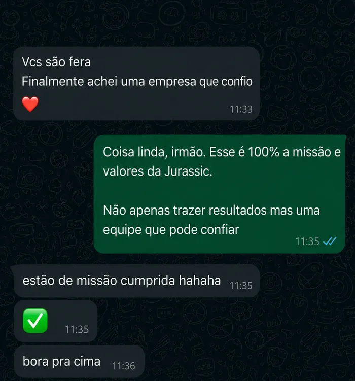 Depoimento de cliente via WhatsApp: Vcs são fera, finalmente achei uma empresa que confio.