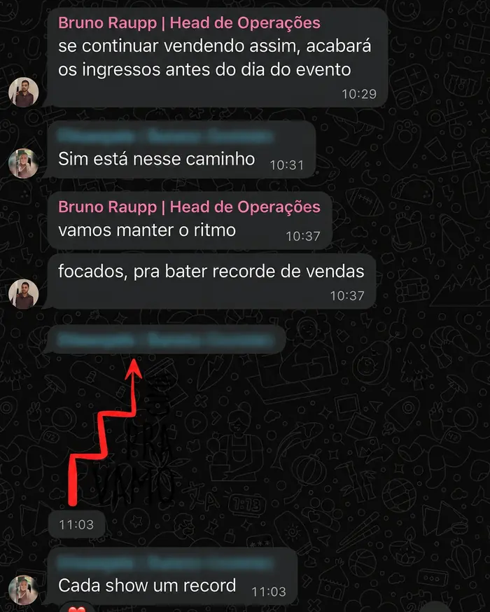 Depoimento de cliente via WhatsApp: equipe comemorando recorde de vendas de ingressos, cada show um record.