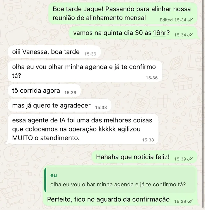 Depoimento de cliente via WhatsApp: agente de IA foi uma das melhores coisas que colocamos na operação, agilizou muito o atendimento.
