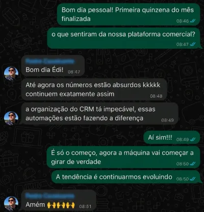 Depoimento de cliente via WhatsApp: Sergio dizendo que tá dando certo demais.