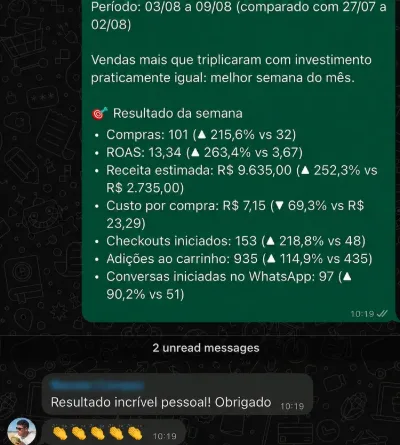 Depoimento de cliente via WhatsApp: Vendas subiram cerca de 15% no mês.