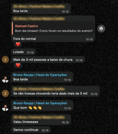 Depoimento de cliente via WhatsApp: Produtor de evento relatando resultado do show.